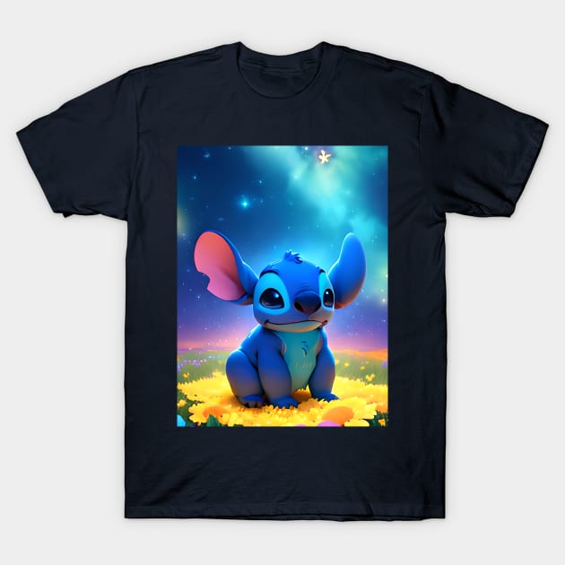 Stitch Flowerland T-Shirt by cloudart2868